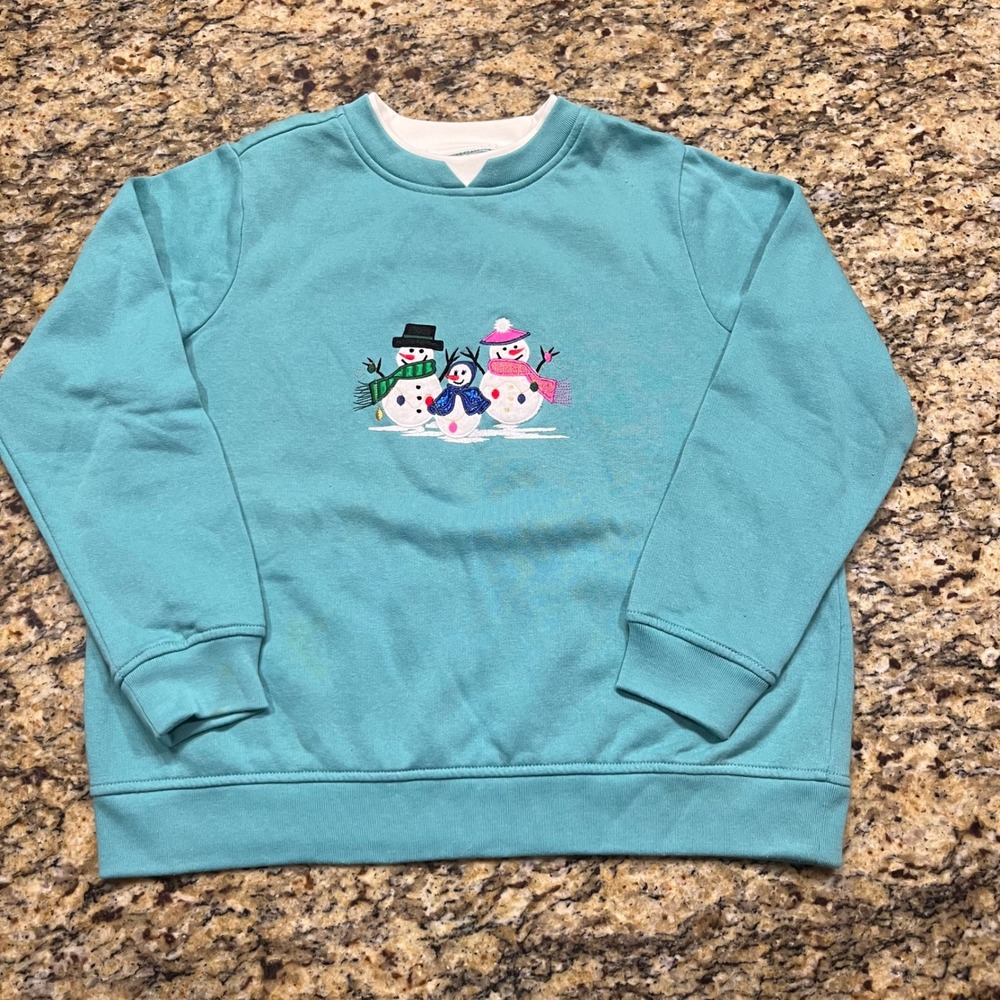 Studio Works Petite Womens Teal Blue Embroidered Snowman Christmas Sweatshirt PM